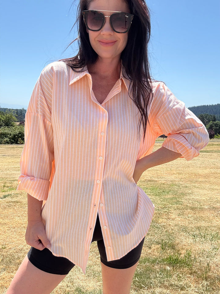 Neon Peach Striped Button Down