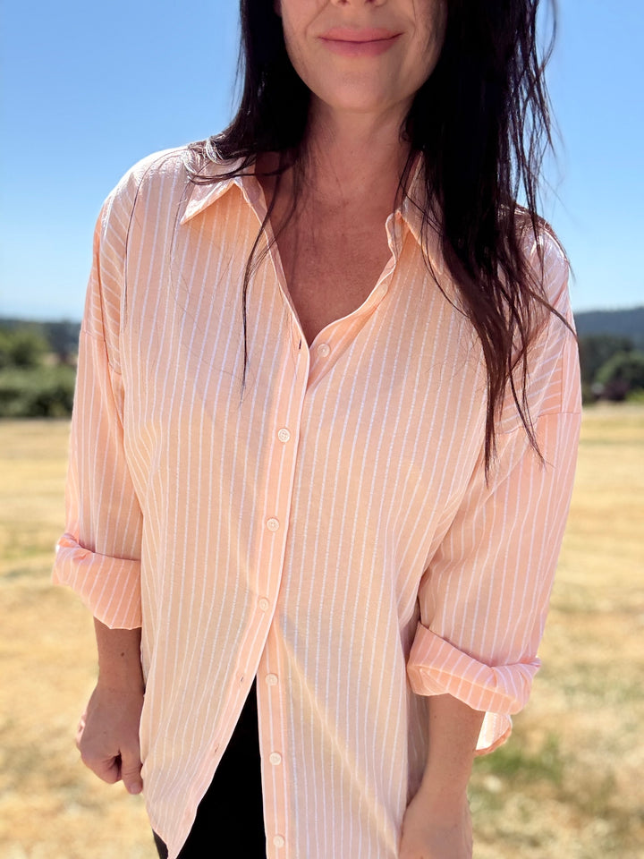 Neon Peach Striped Button Down