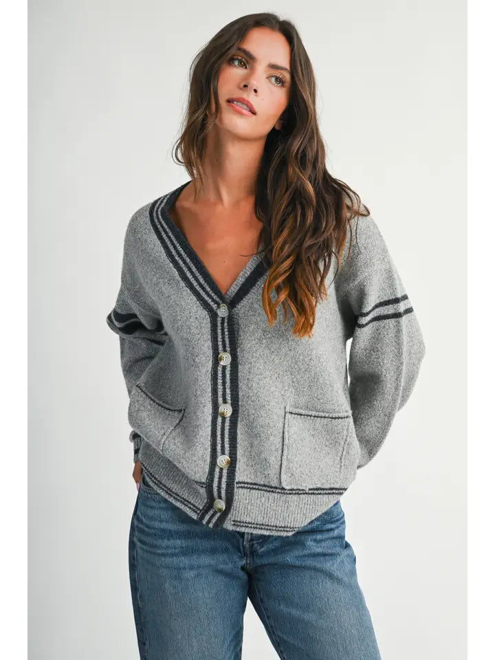 Gray Varsity Stripe Cardigan
