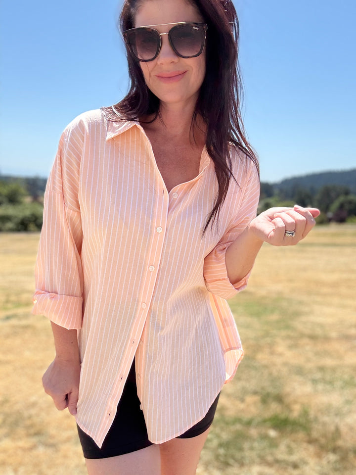 Neon Peach Striped Button Down