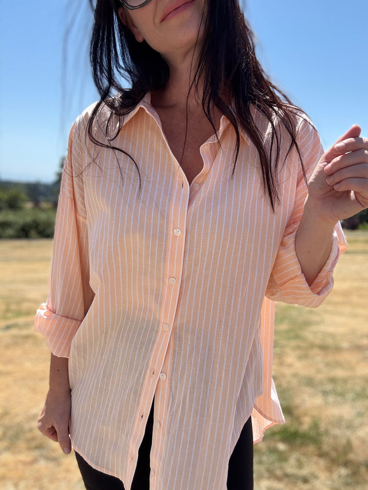 Neon Peach Striped Button Down