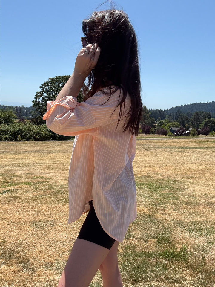 Neon Peach Striped Button Down