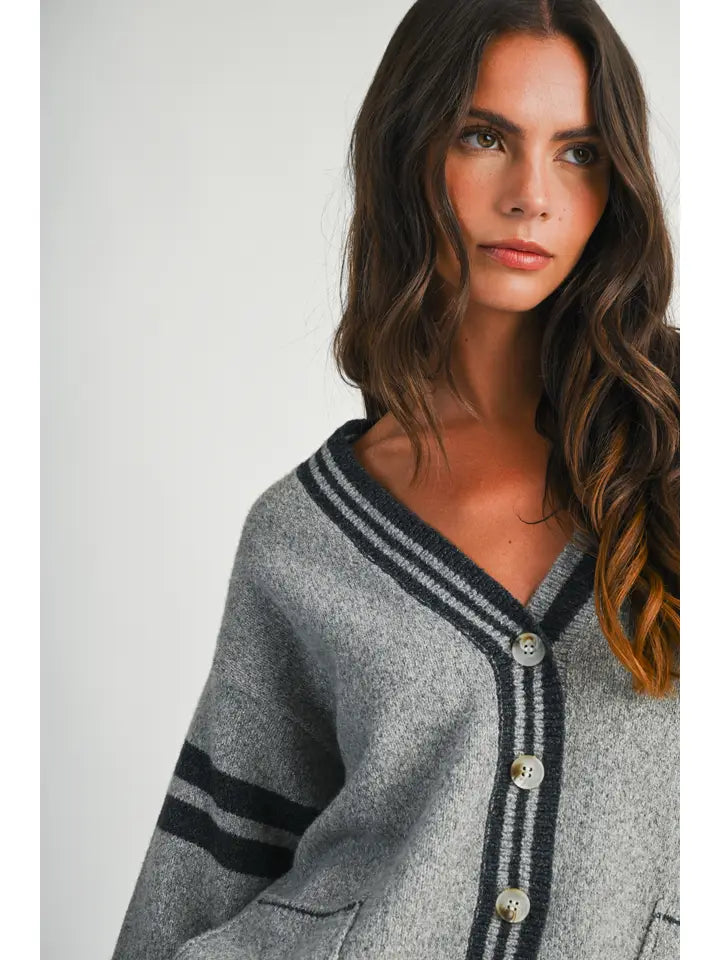 Gray Varsity Stripe Cardigan